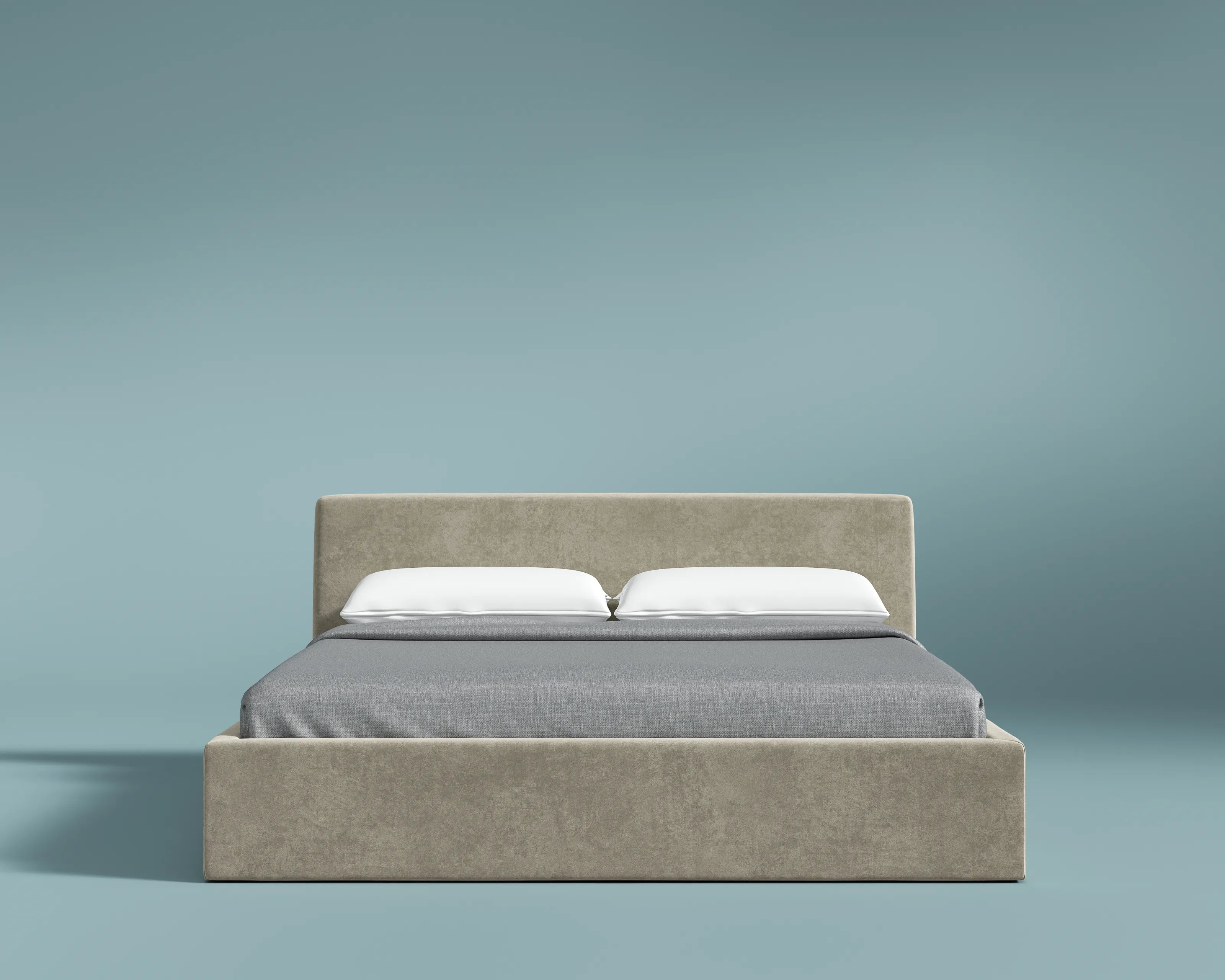 Beige bed with gray bedding and white pillows on a light blue background